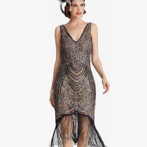 BABEYOND Flapper Dresses 1920s V Neck Beaded Fringed Great Gatsby Dress (Black A